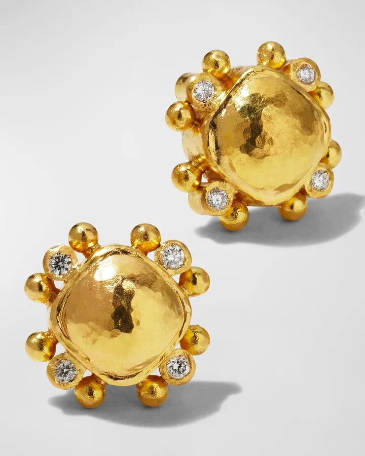 19k Domed Cushion Diamond-Trim Earrings