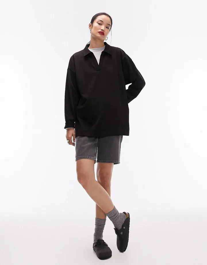Topshop Premium basic oversized long sleeve polo top in black