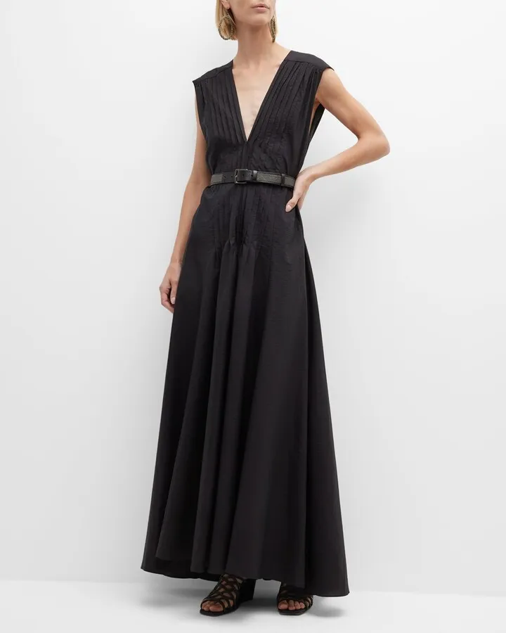 Monili-Trim Plisse Crispy Cotton Maxi Dress