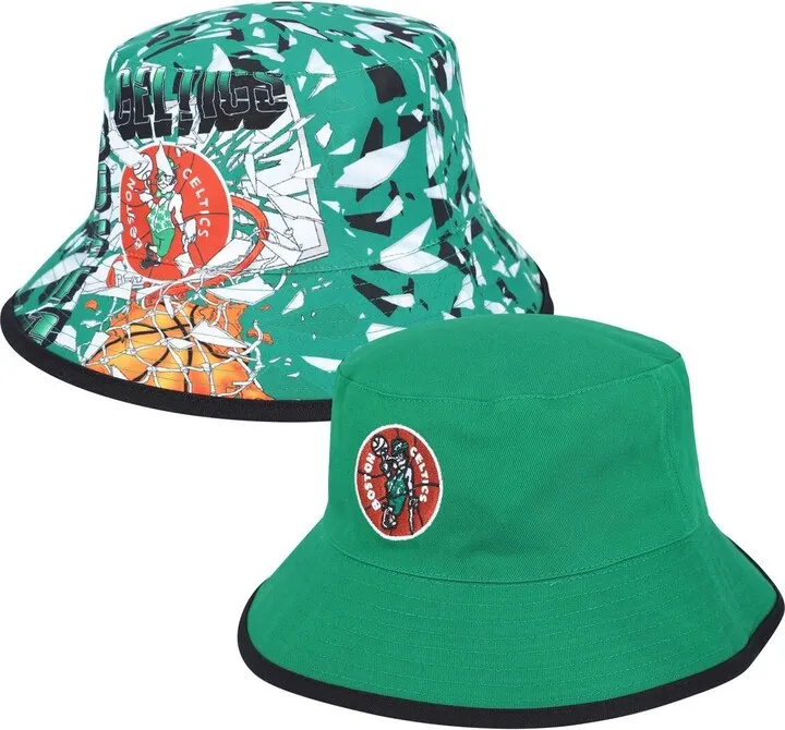 Men's Mitchell & Ness Kelly Green Boston Celtics Hardwood Classics Shattered Big Face Reversible Bucket Hat