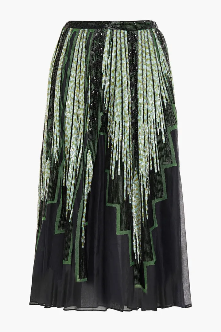 Embellished tulle-trimmed cotton-gauze midi skirt