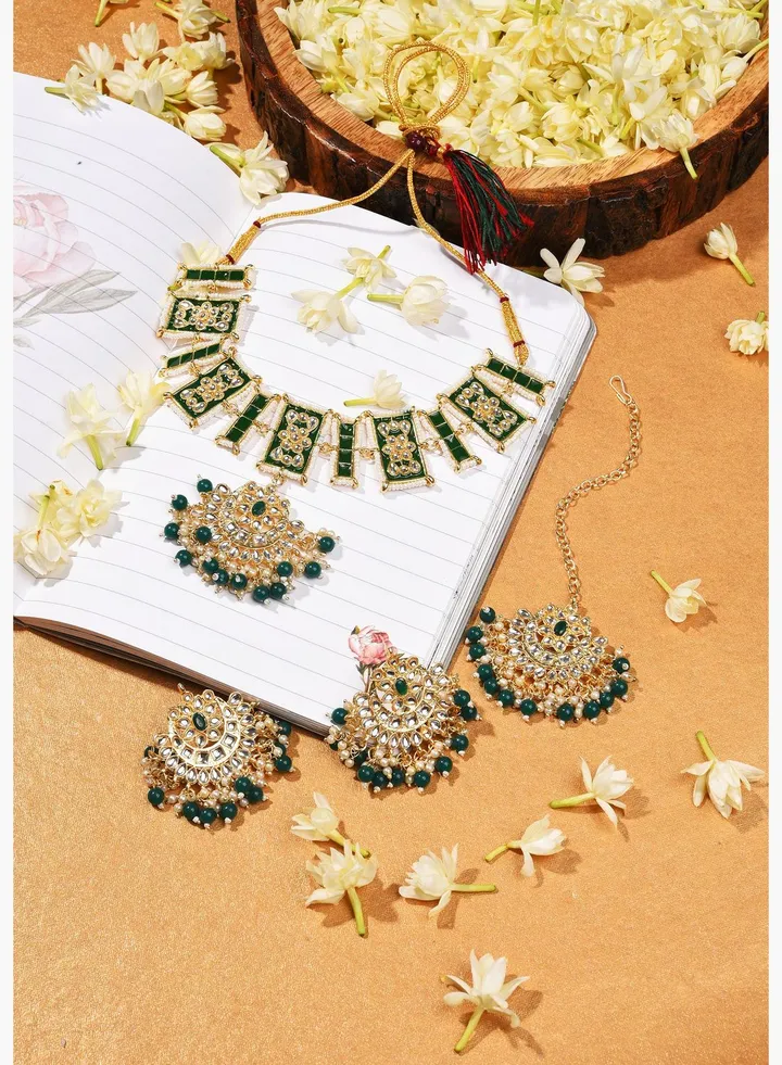 Gold Plated Designer Stone Beaded Necklace, Earrings and Maang Tikka Set