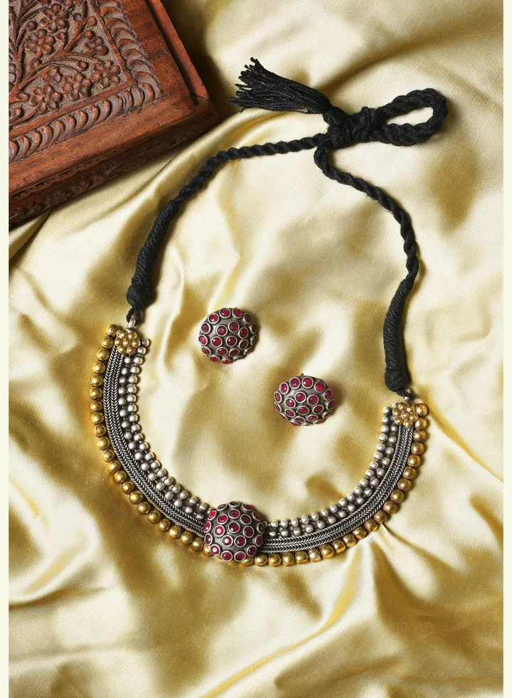 Silver Plated Designer Stone Necklace and Earring Set