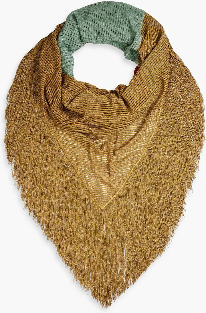 Fringed metallic crochet-knit scarf