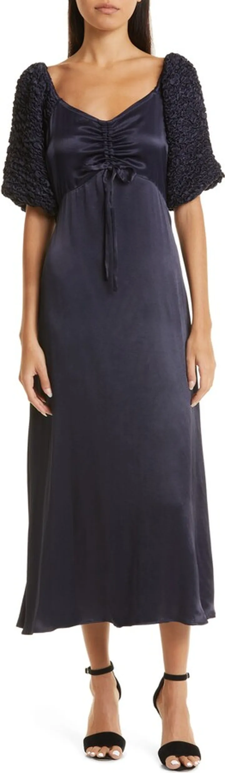 Ruched Sleeve Satin Crepe Gown