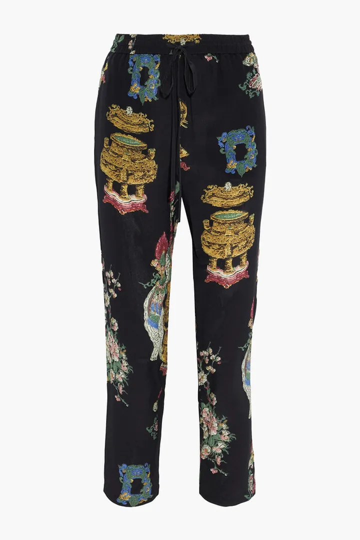 Cropped printed silk crepe de chine straight-leg pants