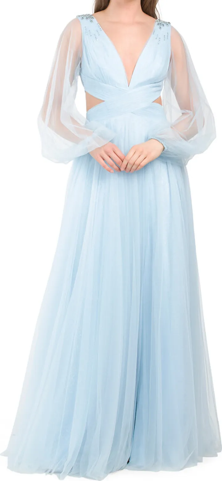 Long Sleeve Gown With Illusion Sleeve And Cut Outs