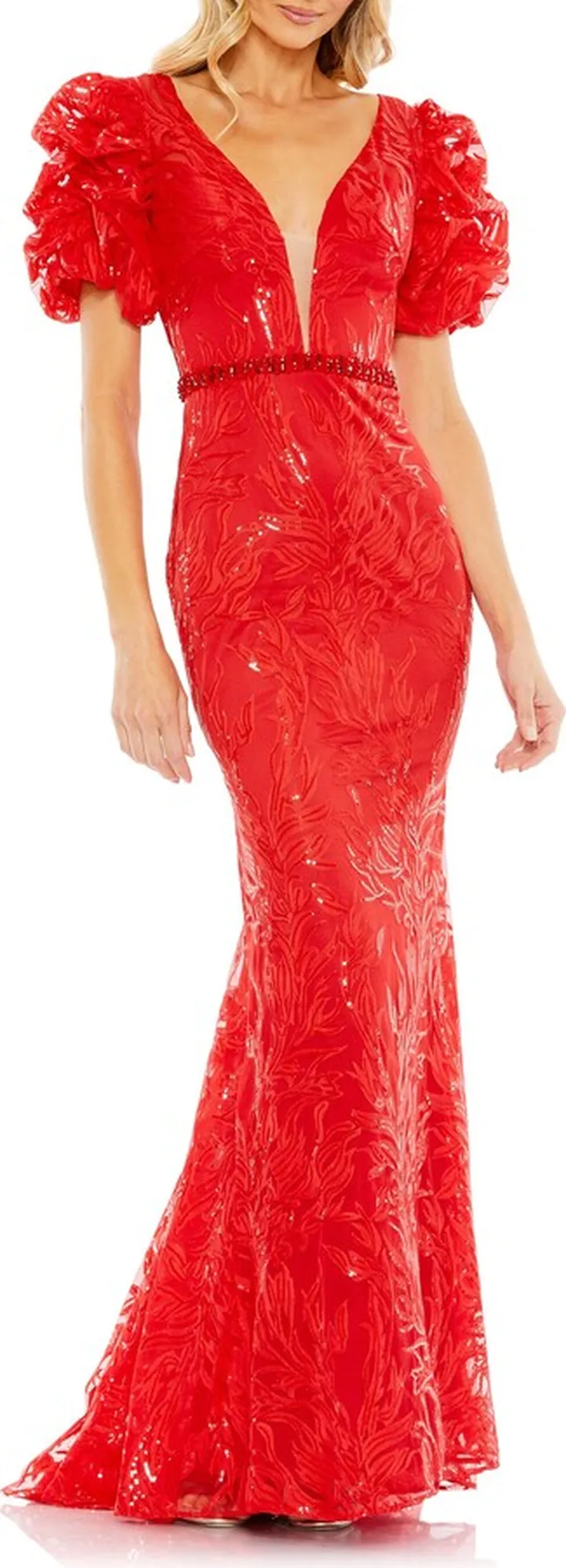 Lace & Sequin Embroidered Puff Sleeve A-Line Gown