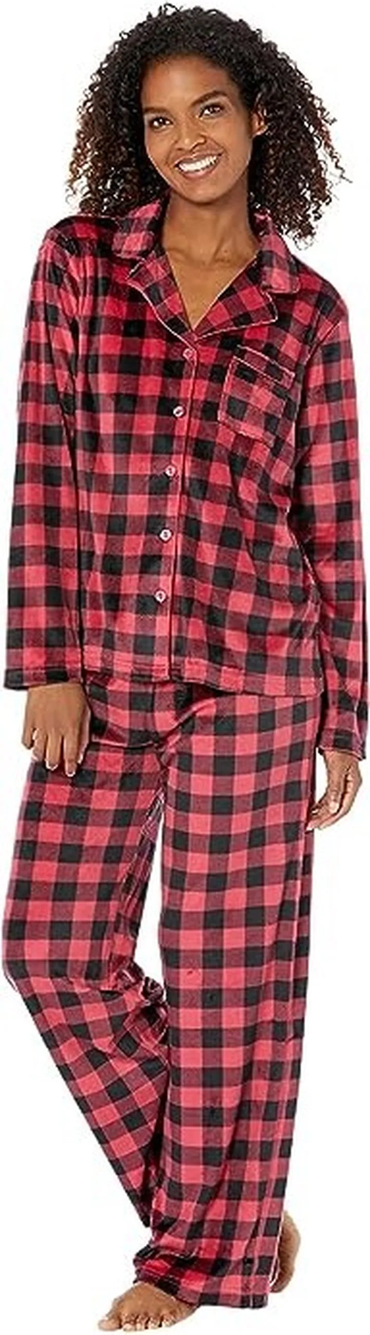 Karen Neuburger Novelties Long Sleeve Minky Fleece Girlfriend PJ Set with Socks (Buffalo Check) Women's Pajama Sets