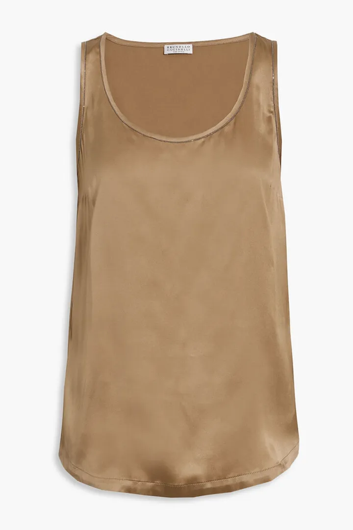 Bead-embellished silk-blend satin tank
