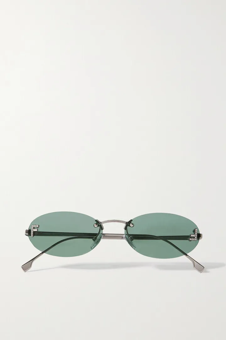 Fendi - Oval-frame Crystal-embellished Silver-tone Sunglasses - Green