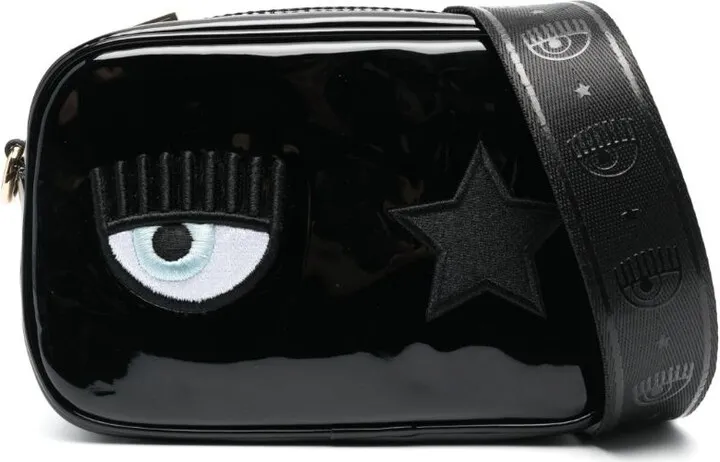 Logo-Patches Patent-Finish Crossbody Bag