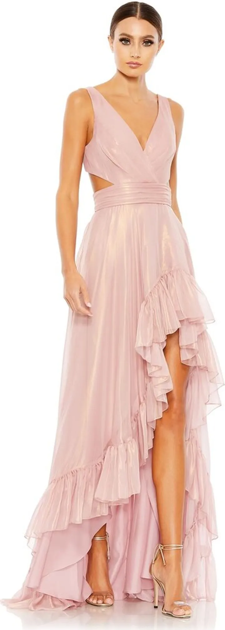 Sleeveless Cut Out High Low Ruffled Hem Gown