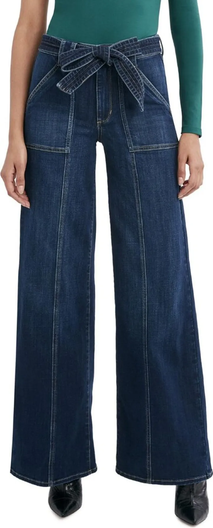 Womens Denim Belted Bootcut Jeans