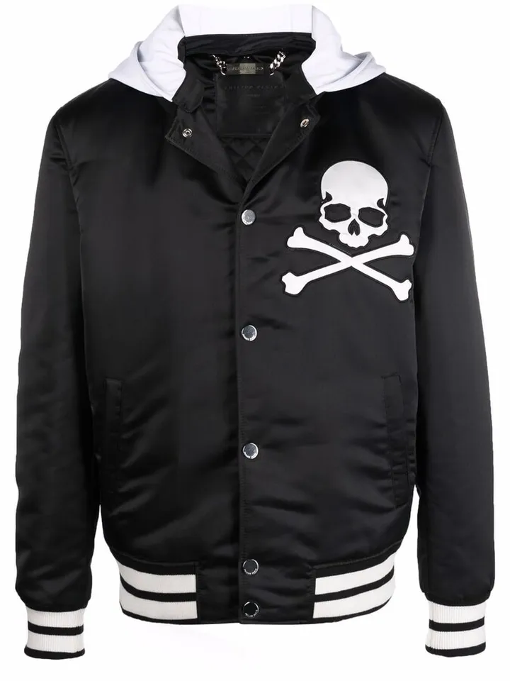Hooded Skull-Patch Bomber Jacket
