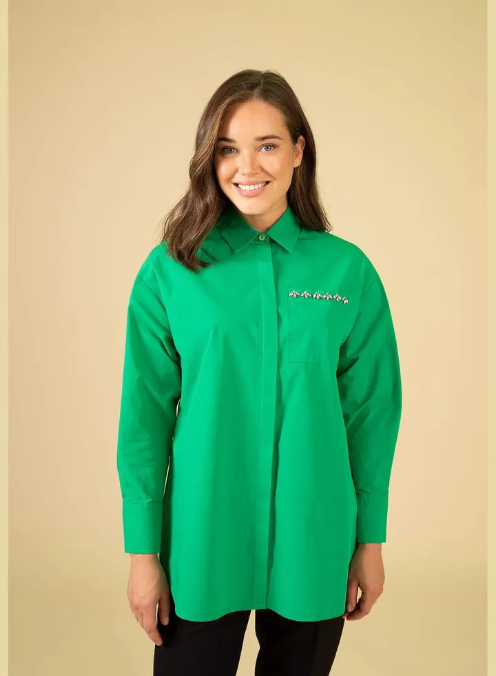 Woman Relax Fit Shirt Neck Woven Long Sleeve Tunic