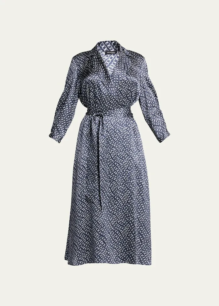 Chain-Print Silk Wrap Midi Shirtdress