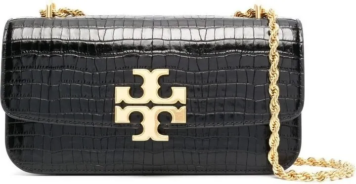 Black Crocodile-Embossed Leather Shoulder Bag