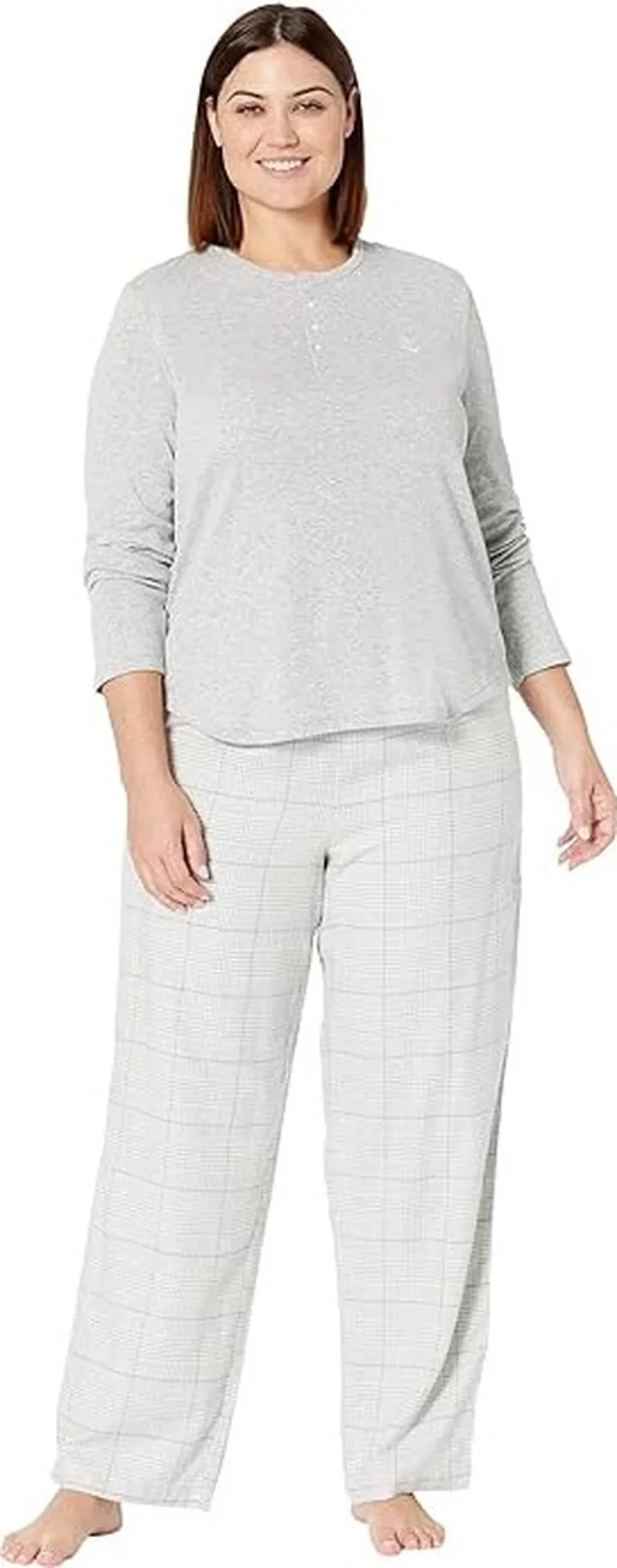 LAUREN Ralph Lauren Long Sleeve Henley Long Pants PJ Set (Grey Plaid) Women's Pajama Sets
