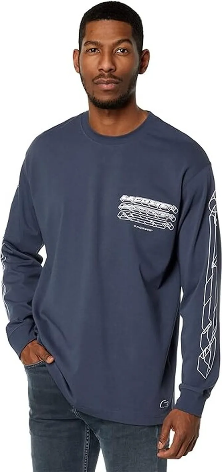 Lacoste Long Sleeve Loose Fit Graphic T-Shirt (Blue Night) Men's Clothing