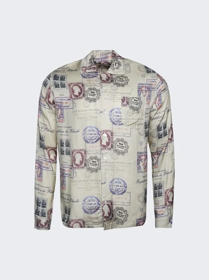 Passport Stamp Print Shirt Beige