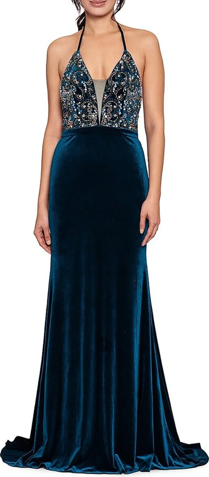 Beaded Velvet Fit and Flare Gown