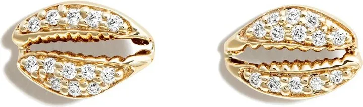 14K Yellow Gold Cowrie Diamond Stud Earrings