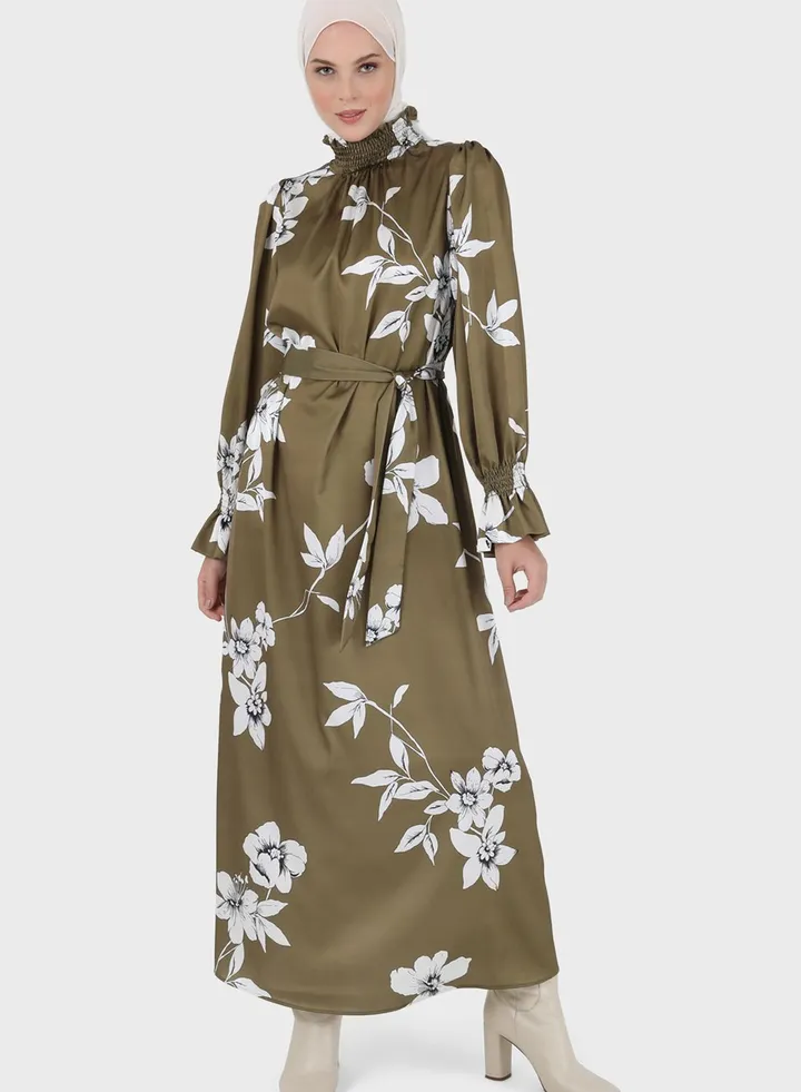 Floral High Neck Shirred Sleeve Dress