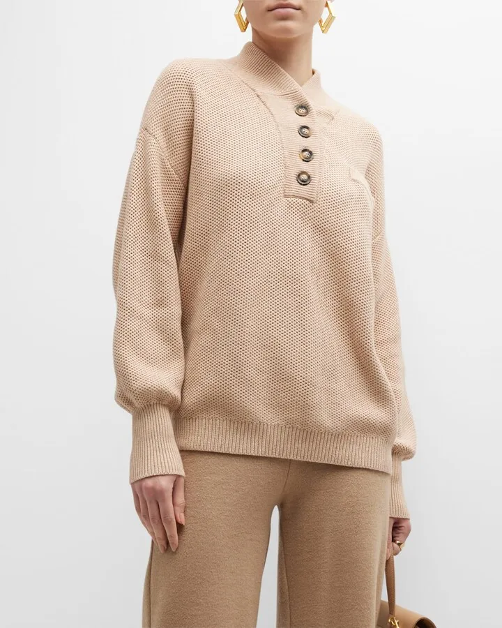Blouson-Sleeve Cotton-Silk Henley