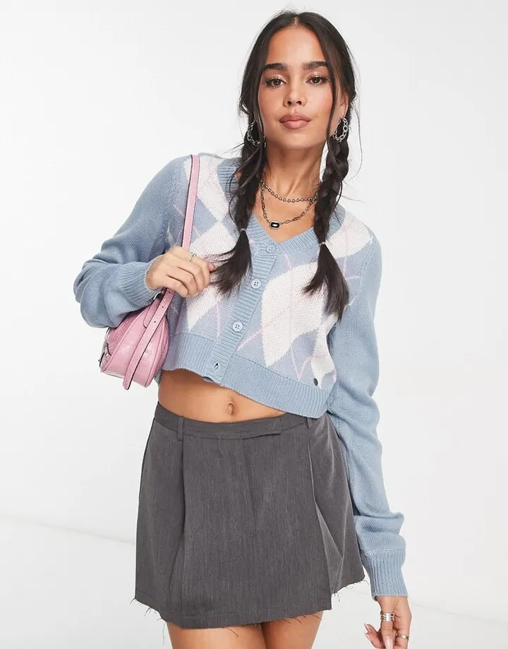 Noisy May argyle cardigan in baby blue