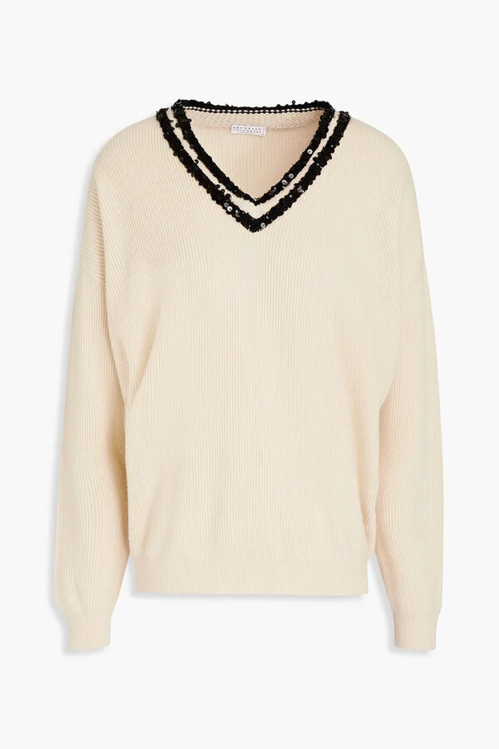 Embellished ribbed cashmere sweater