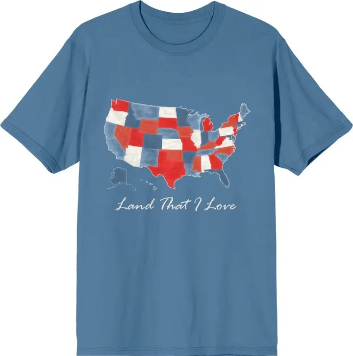Americana Map Land That I Love Crew Neck Short Sleeve Blue Fog Men’s T-shirt-3XL