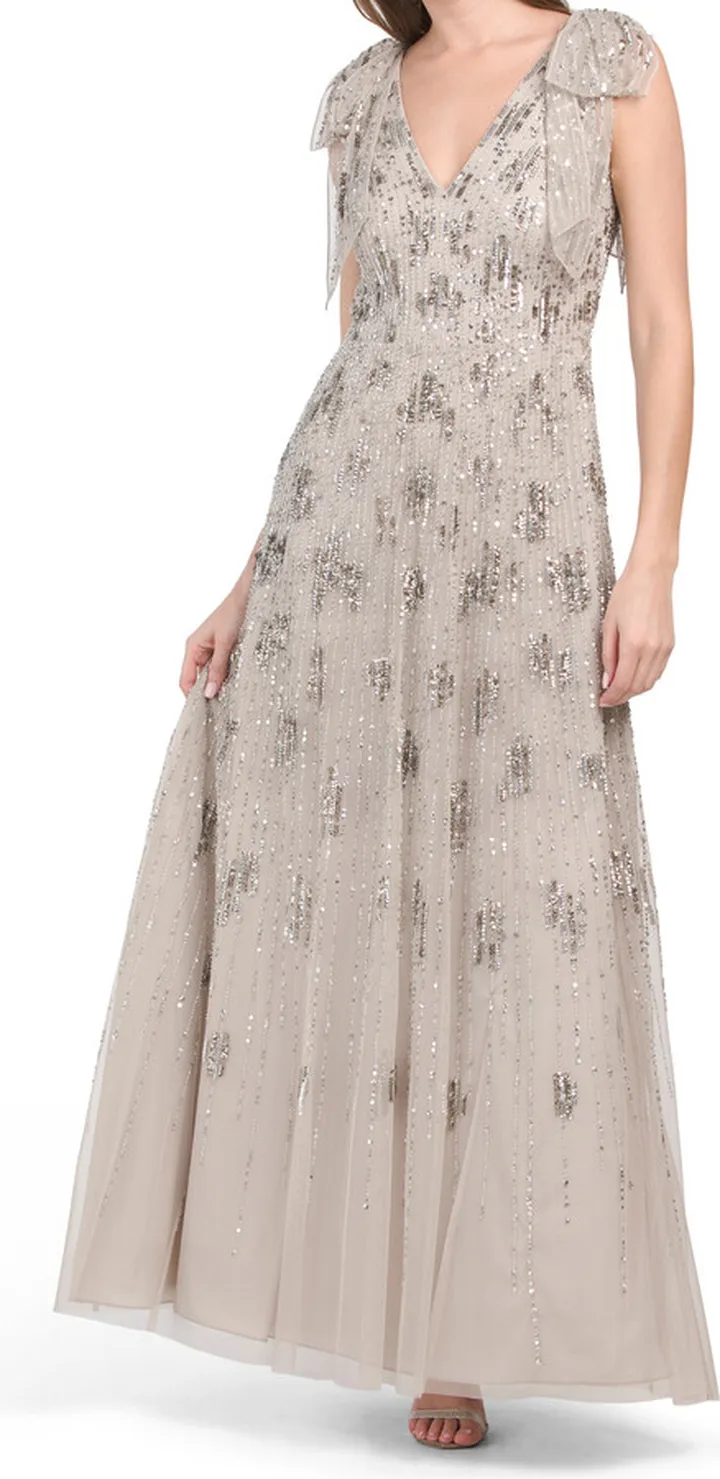 Sleeveless Hand Beaded Gown With Shoulder Bows