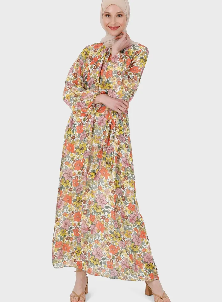 Floral Print Balloon Sleeve Dress