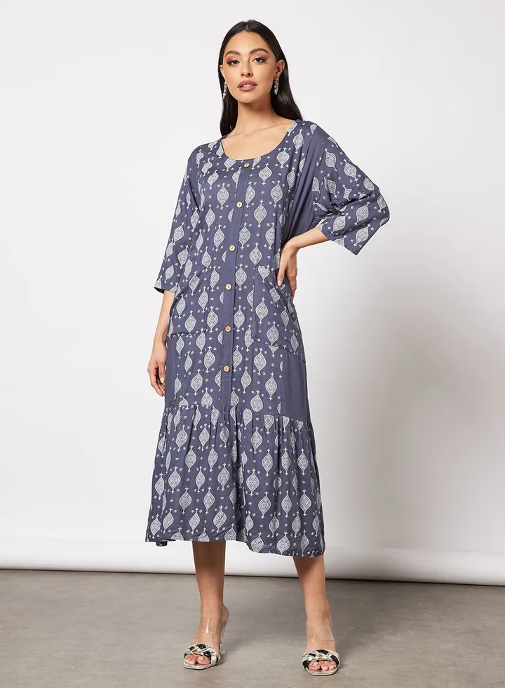 Casual Cotton Printed Round Neck All Over Jalabiya With Facemask For Women