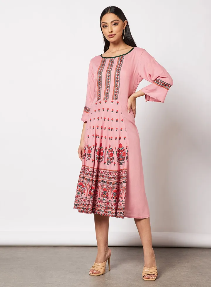 Casual Cotton Printed Round Neck All Over Jalabiya With Facemask For Women