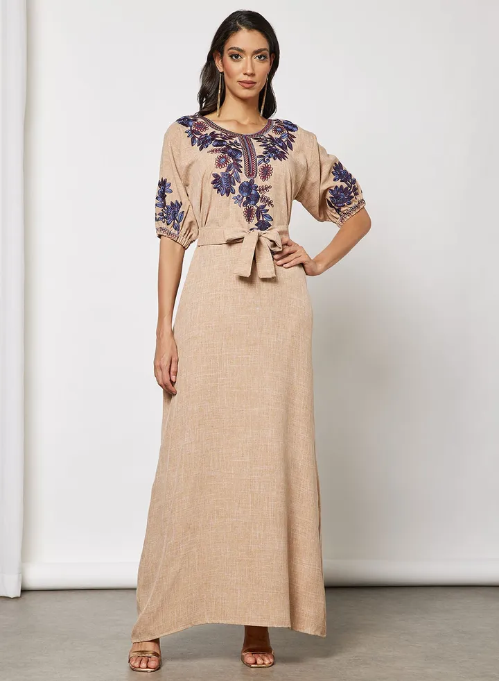 Jalabiya With Floral Embroidery In Short Garterised Sleeves With Belt