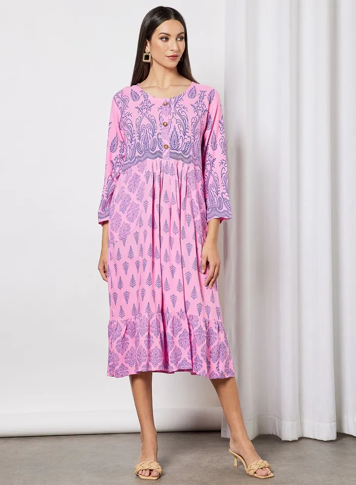 All Over Printed Round Neck Three Quarter Sleeve Jalabiya