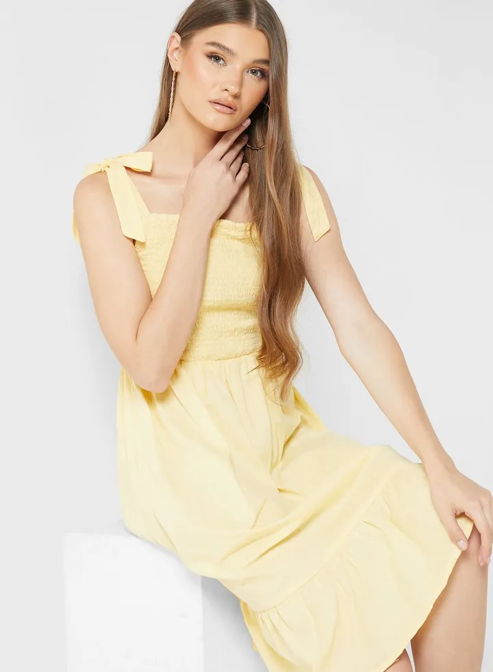 Strappy Pleat Detail Shirred Dress