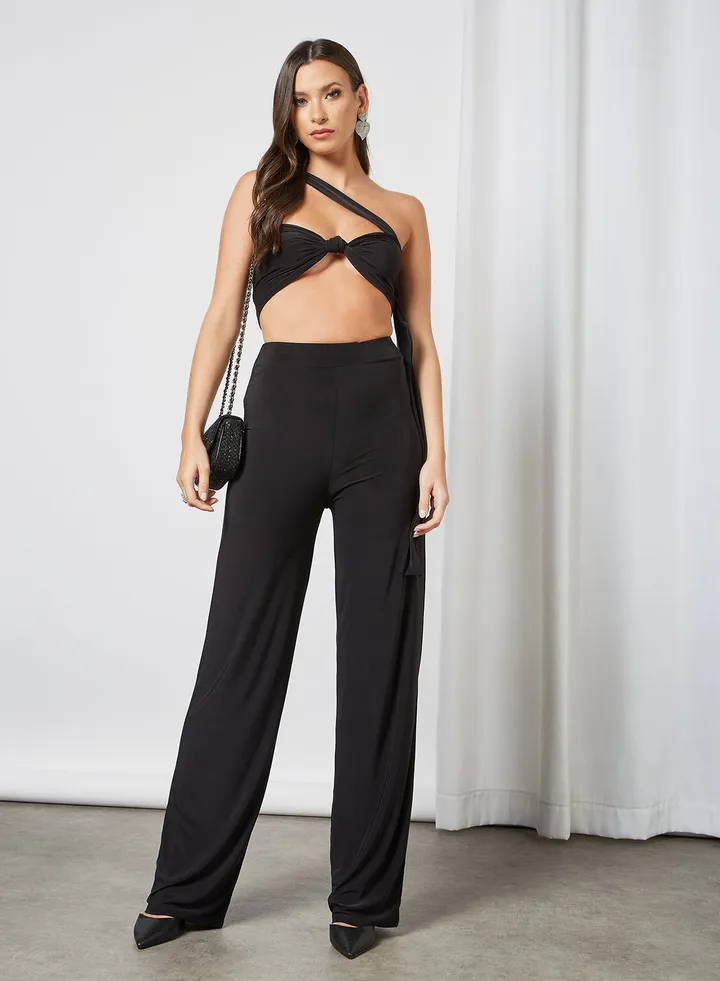 Knotted Crop Top and Pants Set (Set of 2) Black