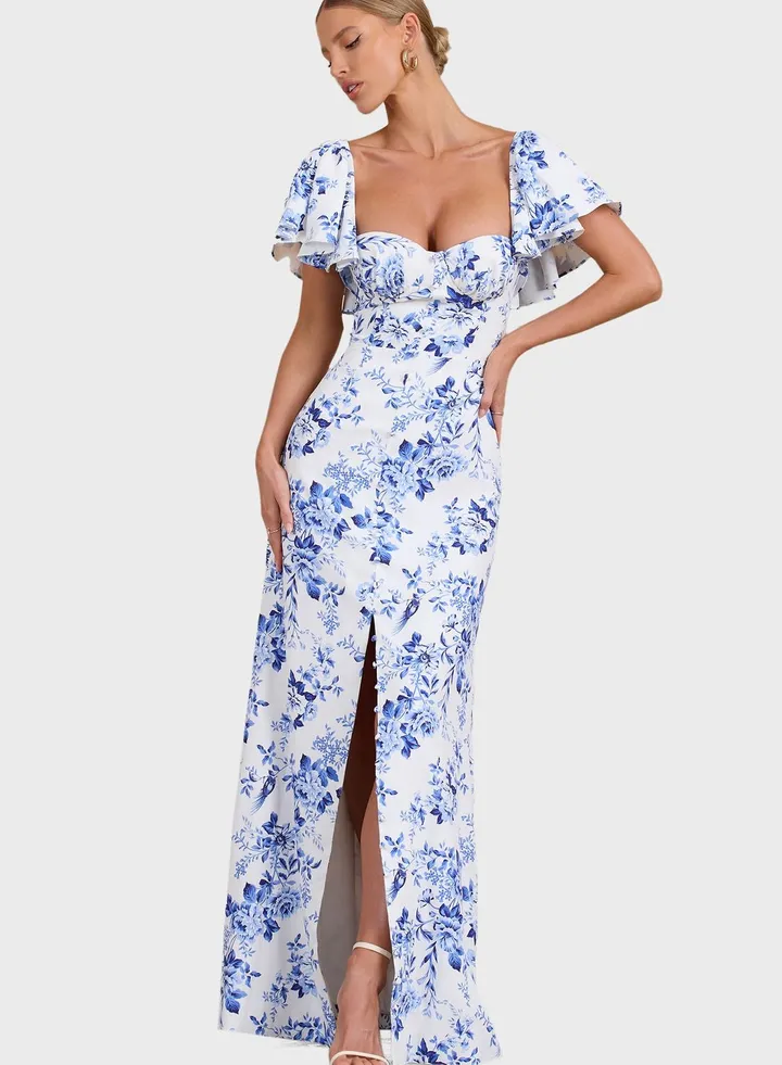 Floral Ruffle Sleeve Sweetheart Neck