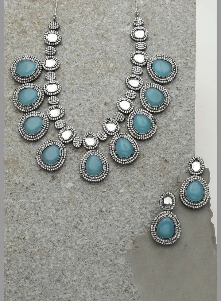 Silver Plated American Diamond and Designer Stone Necklace and Earring Set