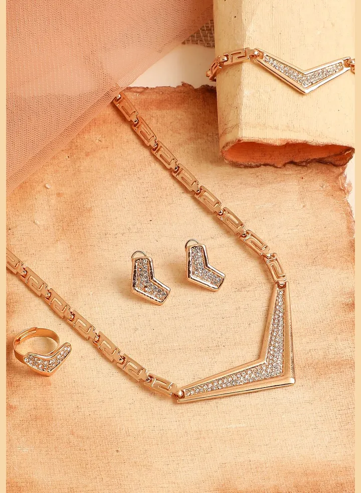 Gold Plated Designer Stone Necklace, Earring, Ring and Bracelet Set