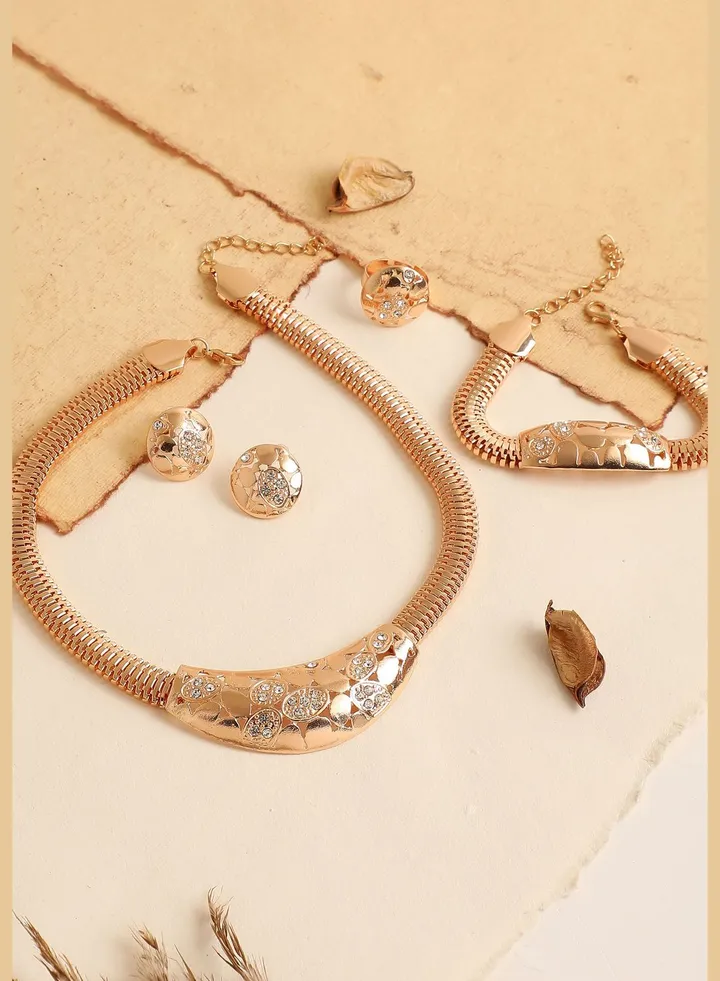 Gold Plated Designer Stone Necklace, Earring, Ring and Bracelet Set