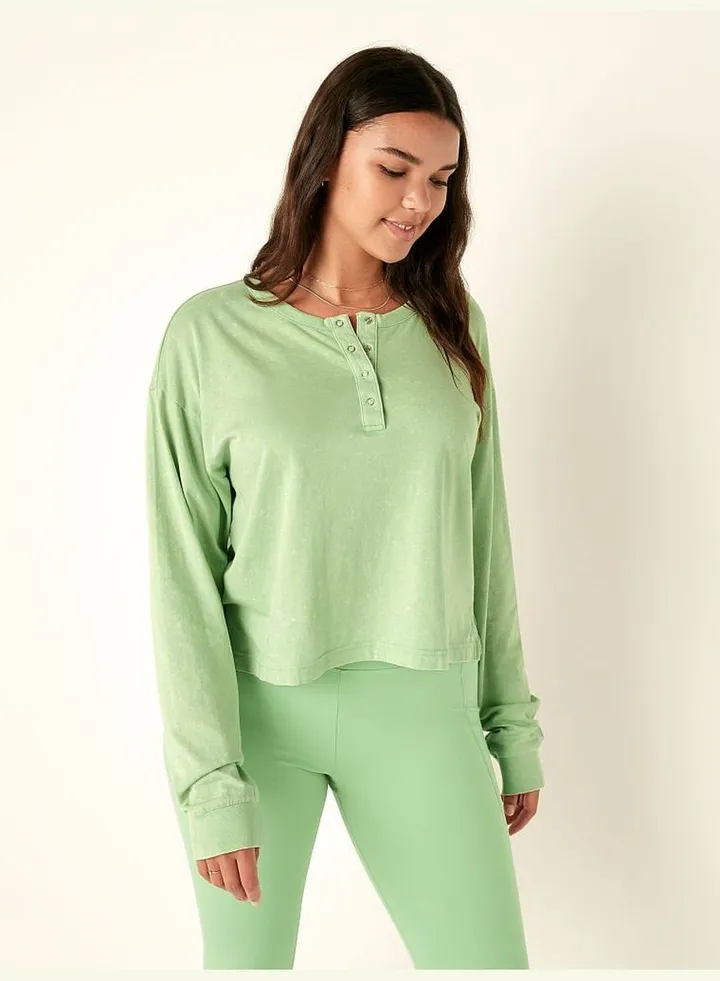 Cotton Cropped Long Sleeve Campus Henley T-Shirt