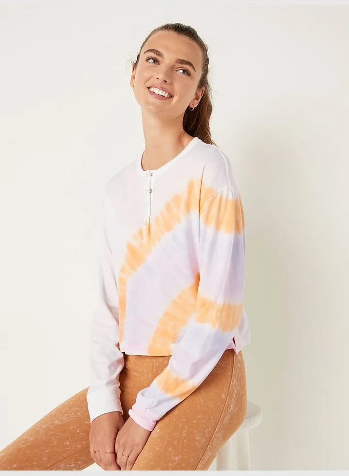 Cotton Cropped Long Sleeve Campus Henley T-Shirt