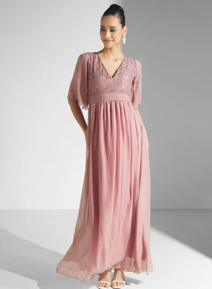 Flared Sleeve Belted Dress