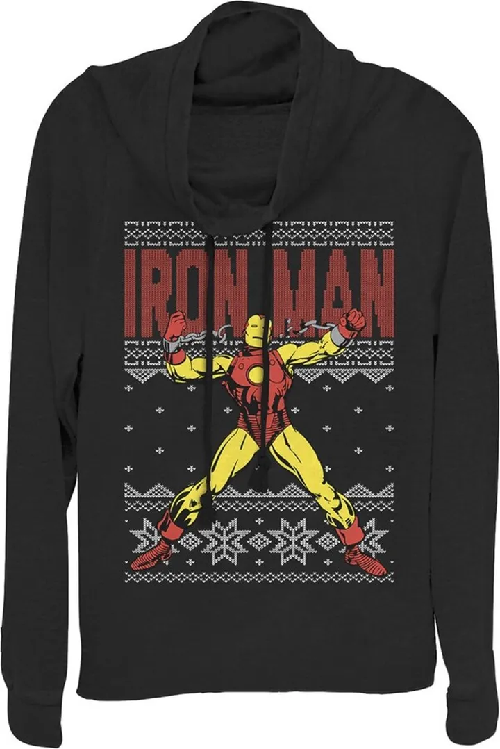 Junior's Marvel Ugly Christmas Iron Man Cowl Neck Sweatshirt - Black - X Small