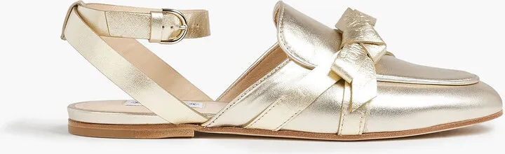 Bow-embellished metallic leather loafers