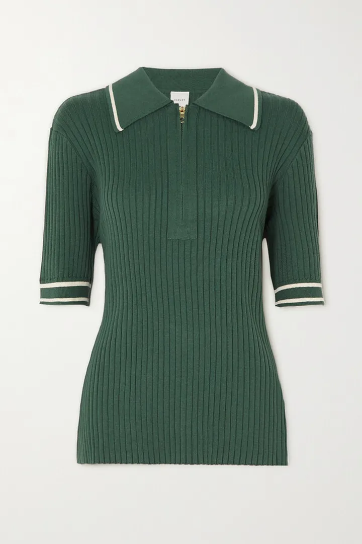 Varley - Napier Striped Ribbed Cotton-blend Polo Top - Brown